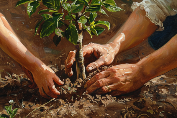 A parent and child bond over planting a tree, encapsulating quotes on gratitude for family.
