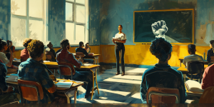 A professor teaches in a modern classroom, a raised fist symbol on the chalkboard, illustrating activism in postmodernism in education.