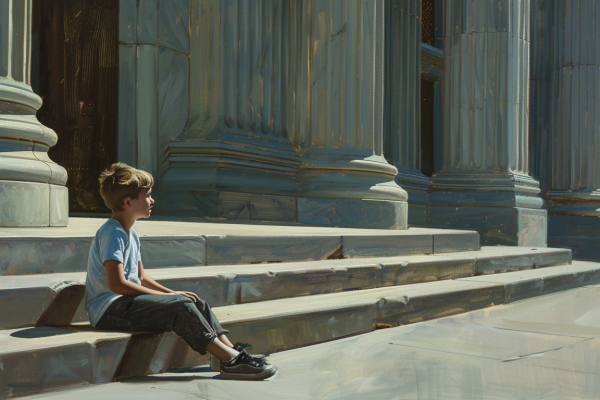 A child sits alone on capitol steps, symbolizing the impact of Utah clergy reporting bill on child welfare.
