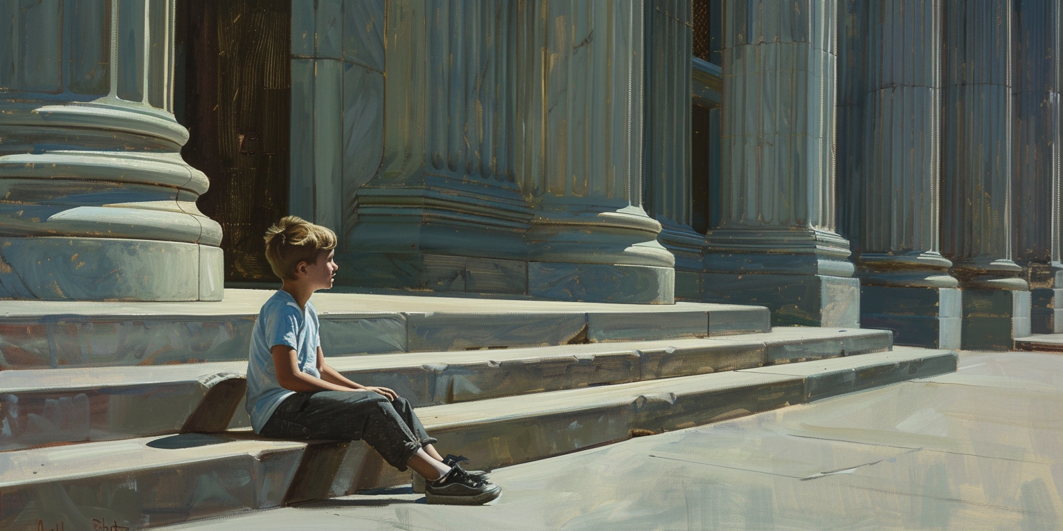 A child sits alone on capitol steps, symbolizing the impact of Utah clergy reporting bill on child welfare.