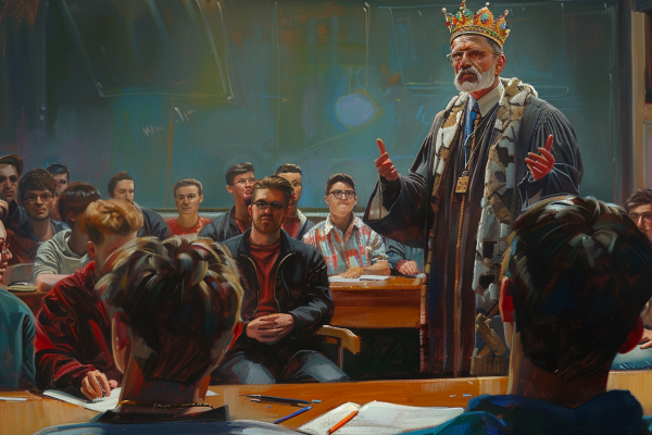 A crowned professor in a modern classroom, illustrating the conflation of power and knowledge in the crisis in higher education.