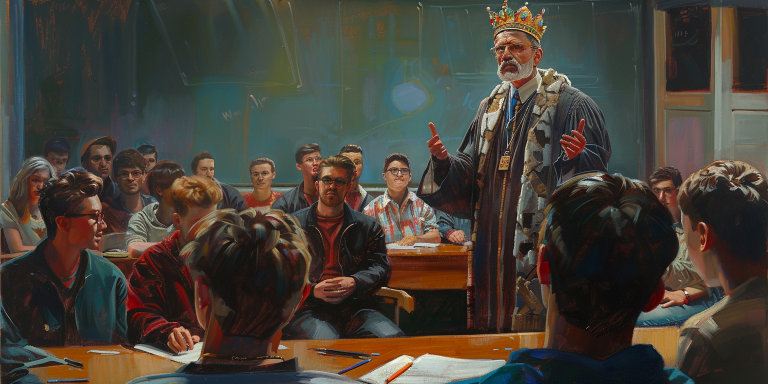 A crowned professor in a modern classroom, illustrating the conflation of power and knowledge in the crisis in higher education.