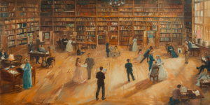 A peaceful library scene, illustrating the Mormon pursuit of shared understanding in family and sexual morality within the Culture War