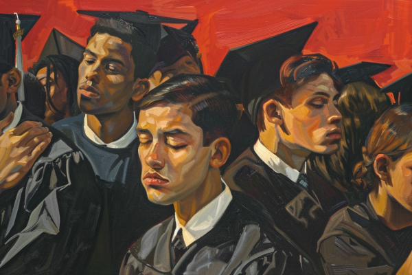 Graduates at a solemn ceremony ponder their futures, highlighting the existential uncertainty of the Higher Education Crisis.