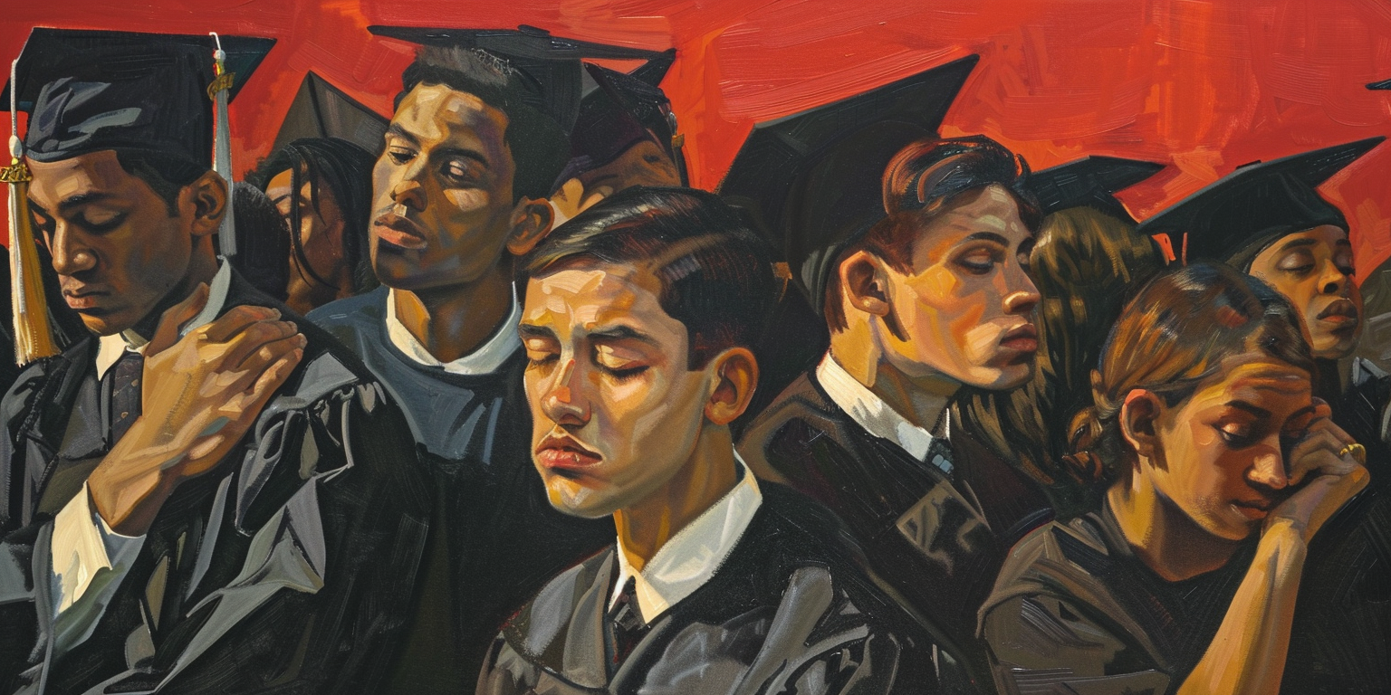 Graduates at a solemn ceremony ponder their futures, highlighting the existential uncertainty of the Higher Education Crisis.