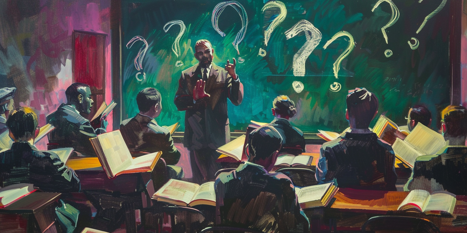 In a modern classroom, books and a chalkboard feature question marks, symbolizing skepticism and postmodernism in education.