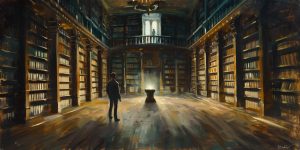 A solitary individual contemplates a single source of light in a vast library, symbolizing the narrow focus of scientism in education.
