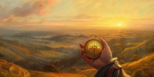 A hand holds a compass against a backdrop of a sweeping landscape, symbolizing navigating the Christians and immigration debate
