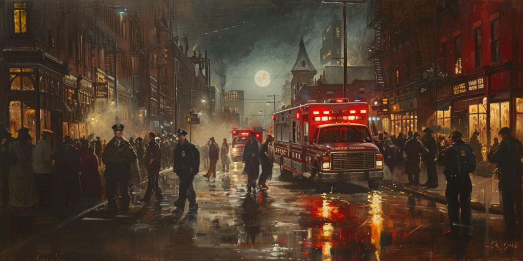 Emergency services illuminate a serene street, highlighting the suddenness of conflict and the isolation amidst global hostility.