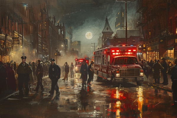 Emergency services illuminate a serene street, highlighting the suddenness of conflict and the isolation amidst global hostility.