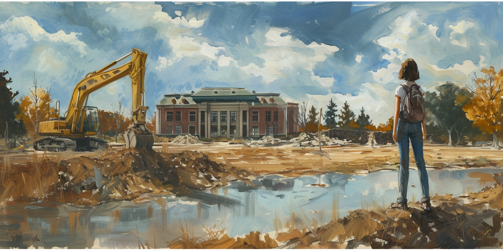 A student observes the changing landscape of higher education, symbolizing the transformation and challenges faced by Mount Liberty College