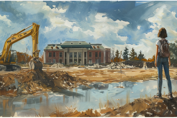 A student observes the changing landscape of higher education, symbolizing the transformation and challenges faced by Mount Liberty College