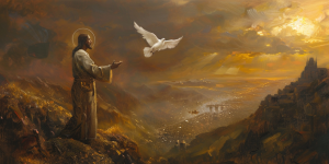 Christ releases a dove over a twilight world, symbolizing the hope and peace He brings amidst global hostility.