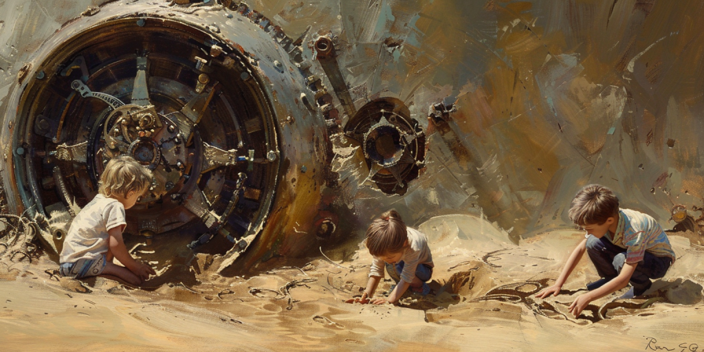 An ancient clockwork mechanism, symbolizing the complexity and depth of knowledge, lies ignored by children, representing the lost art of curiosity due to scientism in education.