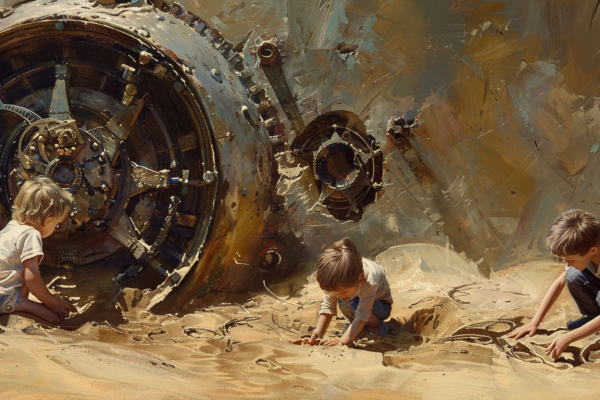 An ancient clockwork mechanism, symbolizing the complexity and depth of knowledge, lies ignored by children, representing the lost art of curiosity due to scientism in education.