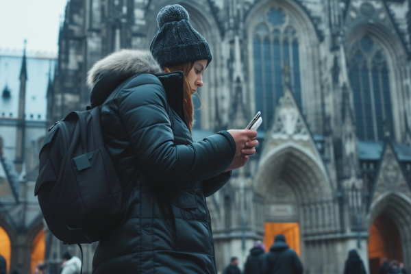Gods of Our Own Making: The Religion of Today A woman looks at her phone instead of a religious building, representing the changing attitudes toward self-worship