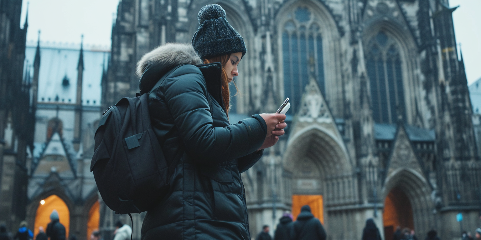 A woman looks at her phone instead of a religious building, representing the changing attitudes toward self-worship