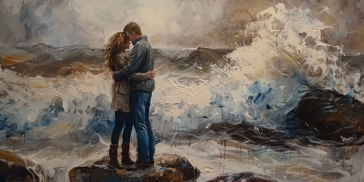 A resilient couple embraces amidst crashing waves, symbolizing the commitment to strengthening your marriage.