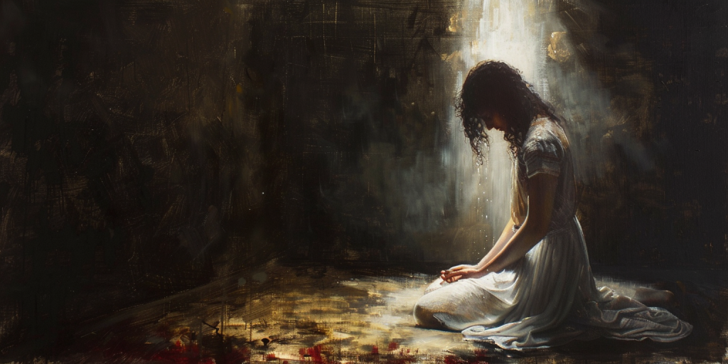Woman kneels in prayer, surrounded by darkness but illuminated by divine light, symbolizing faith and resilience in Christ's Atonement.