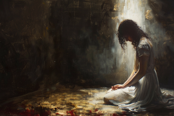 Woman kneels in prayer, surrounded by darkness but illuminated by divine light, symbolizing faith and resilience in Christ's Atonement.