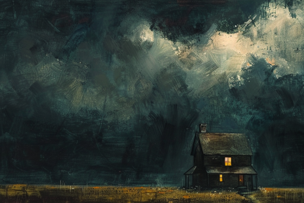 A family home stands resilient under a dark cloud, symbolizing hope amidst adversity.
