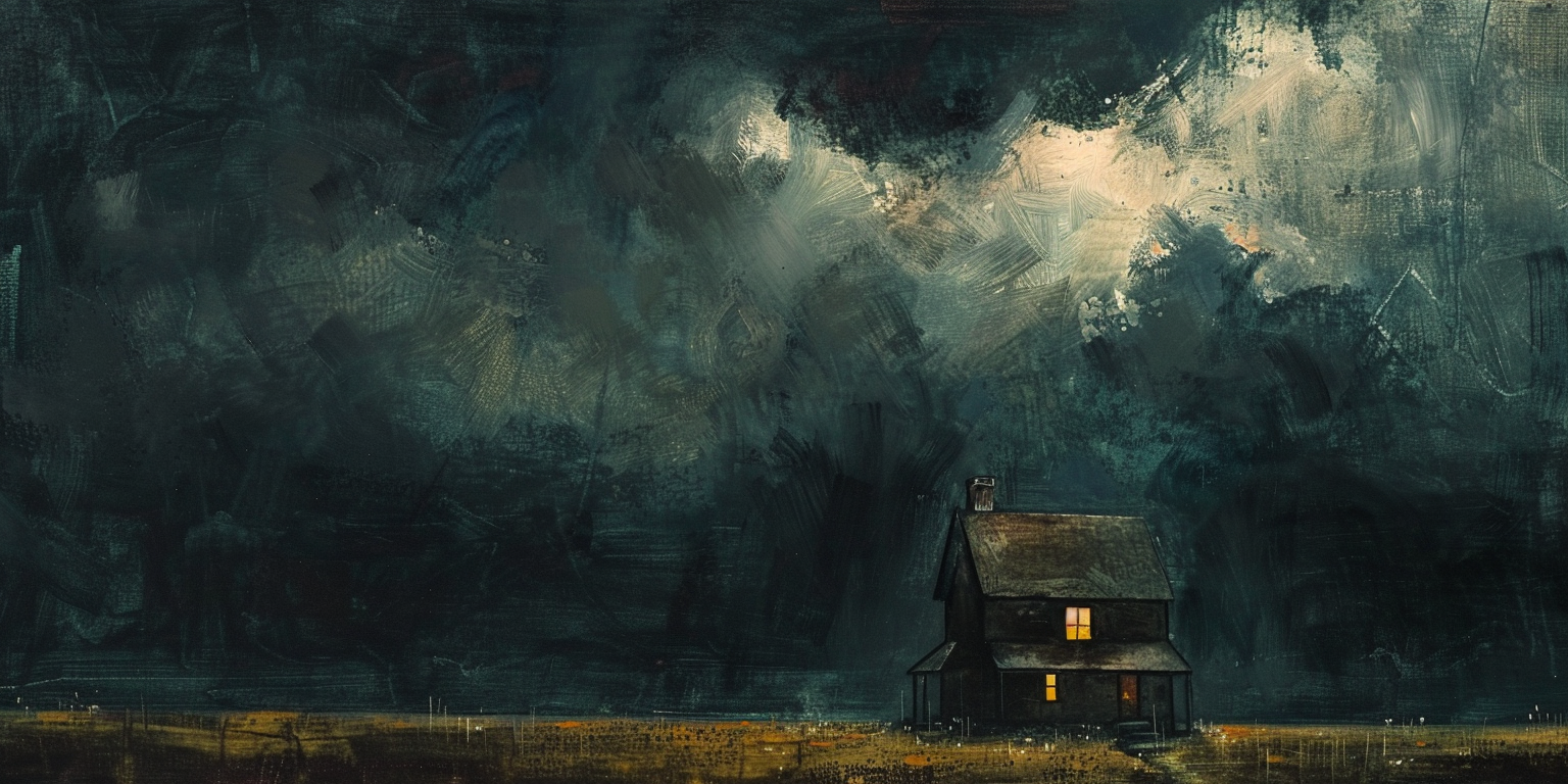 A family home stands resilient under a dark cloud, symbolizing hope amidst adversity.