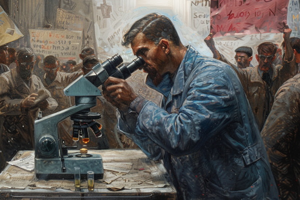 Is Psychology Facing an Identity Crisis? A scientist focuses on a microscope, ignoring surrounding protestors in a lab, depicting the clash of postmodernism in psychology.