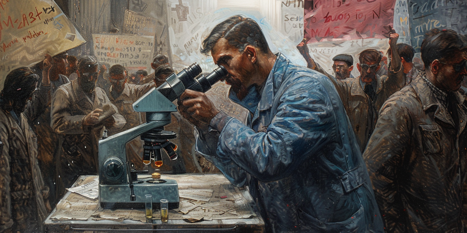 A scientist focuses on a microscope, ignoring surrounding protestors in a lab, depicting the clash of postmodernism in psychology.