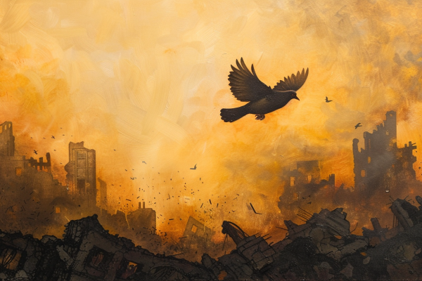 A dove symbolizes hope over the devastation of the Hamas-Israel Conflict amidst a city's ruins at dawn.