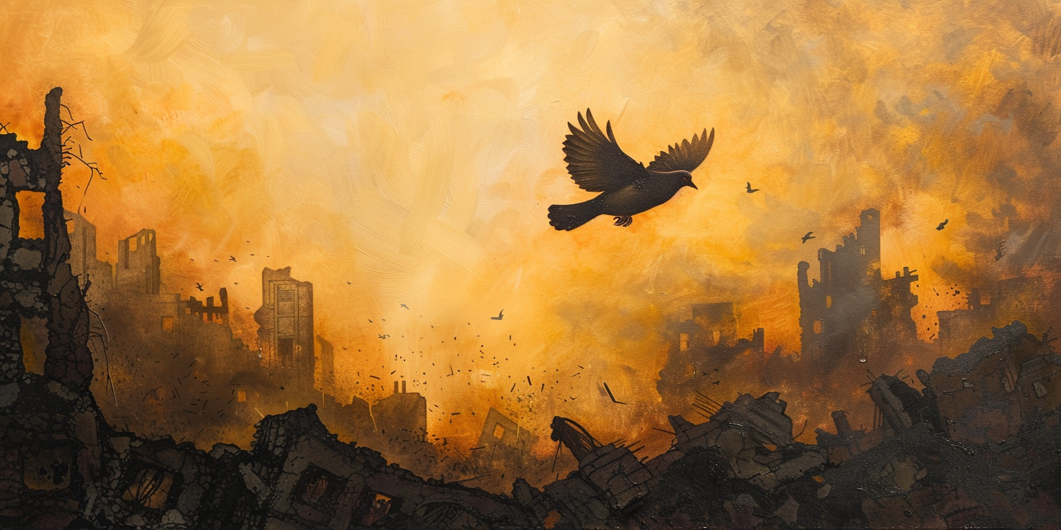 A dove symbolizes hope over the devastation of the Hamas-Israel Conflict amidst a city's ruins at dawn.
