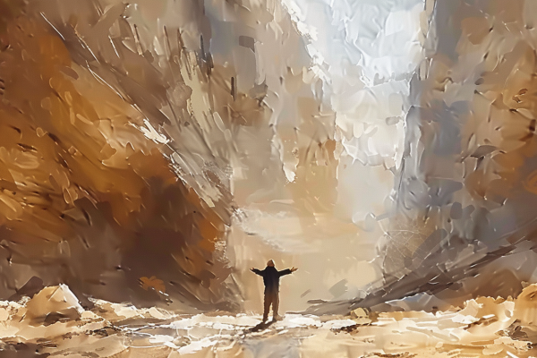 Painting of Man Arms Out in Canyon | Empathy vs Understanding | Public Square Magazine | Understanding vs Empathy | Misguided | Empathy is About Finding Echoes Meaning