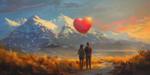 A couple with a heart-shaped balloon walking on a path backlit by Utah's mountains symbolizing the state's efforts in supporting healthy relationships.