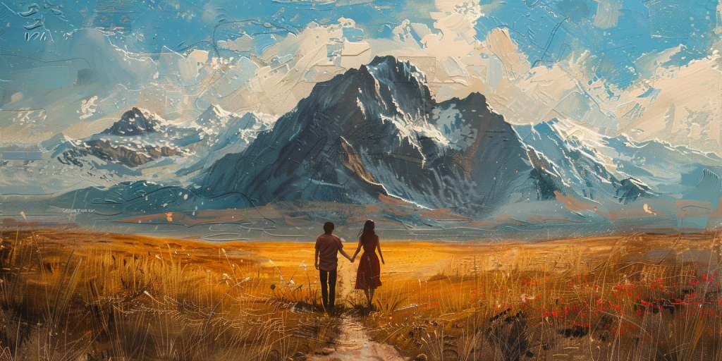 A couple walking hand in hand toward a mountain, embodying the journey of strengthening relationships and overcoming challenges together.