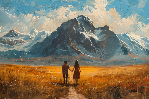 A couple walking hand in hand toward a mountain, embodying the journey of strengthening relationships and overcoming challenges together.