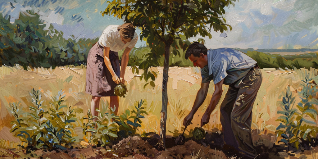 A couple nurturing a tree, representing the growth and support in Utah’s Family Stabilization Program.