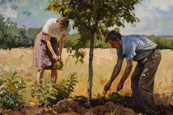 A couple nurturing a tree, representing the growth and support in Utah’s Family Stabilization Program.