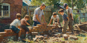 A family works together to build a brick wall, representing the united effort in strengthening relationships and fostering family bonds.