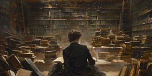 A historian engrossed in a book, overlooking the chaos in a vast library, symbolizing the theme of historical determinism.