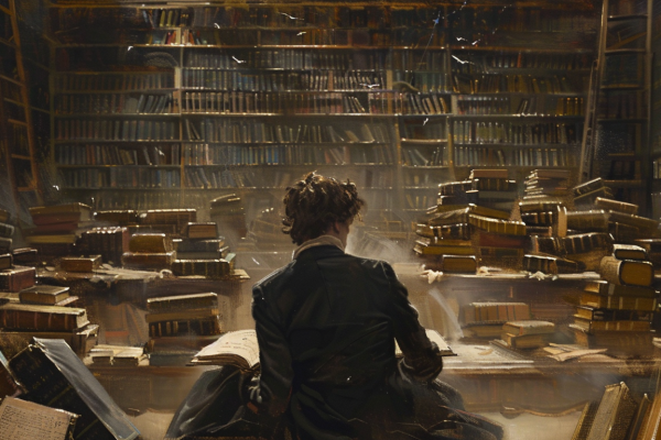 The Sin of the Era: Misreading the Lessons of History A historian engrossed in a book, overlooking the chaos in a vast library, symbolizing the theme of historical determinism.