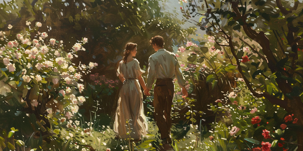 A young couple holding hands in a garden, representing the beauty and purity found in the law of chastity.
