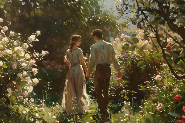 A young couple holding hands in a garden, representing the beauty and purity found in the law of chastity.