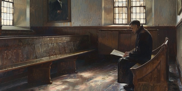 Church Official in a Chapel Looking at Newspaper, Representing the Internal Struggle Depicted in 'Holy Hiring Hullabaloo' | Aaron Sherinian LDS Church Hire | Public Square Magazine