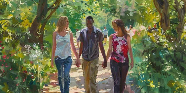 Diverse Trio Holding Hands & Walking in Park | Change in Romantic Relationship Culture & Structures | Some Straight Talk about Polyamory | Polyamory Divorce Rate | Public Square Magazine