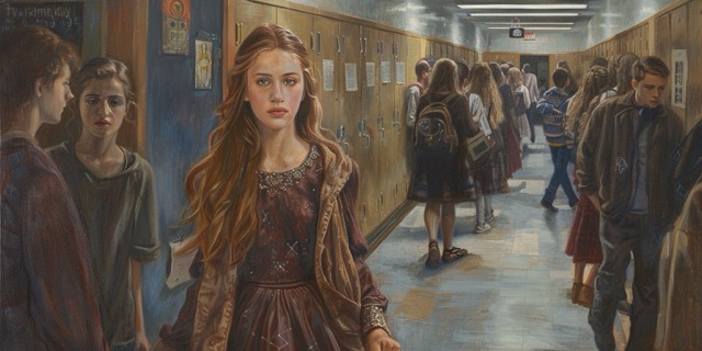 Modestly Dressed Young Woman in High School Halls | Confidence & Grace Amidst a Busy Student Crowd | Why Modesty Still Matters | Why Modesty is Important | Public Square Magazine