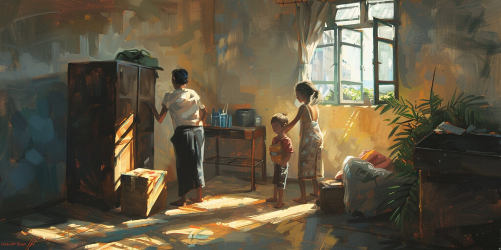 A refugee family setting up their new home, embodying hope and new beginnings as part of refugee support.