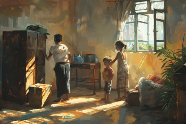 Compassion in Zion: Approaching Refugees A refugee family setting up their new home, embodying hope and new beginnings as part of refugee support.