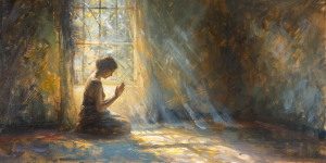 A solitary figure prays in sunlight, embodying a moment of hope and spiritual connection for LGBT+ Latter-day Saints.