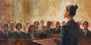 A confident woman addresses a congregation, illustrating the empowerment of Women in the Mormon Church.