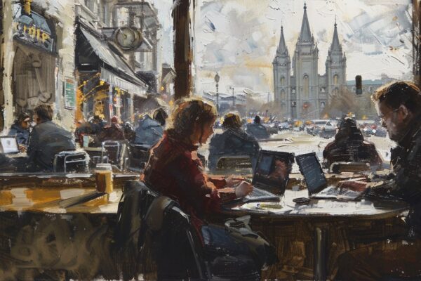 A journalist immersed in digital dialogue contrasts sharply with the reality of religious life, highlighting the vastly different perspectives of faith in the modern age.