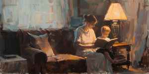 A mother teaches her child, symbolizing the nurturing role of Women in the Mormon Church.